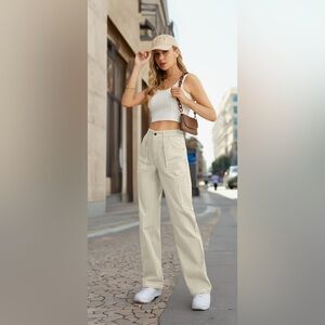 Elegant Cream Wide Leg Women's Pants